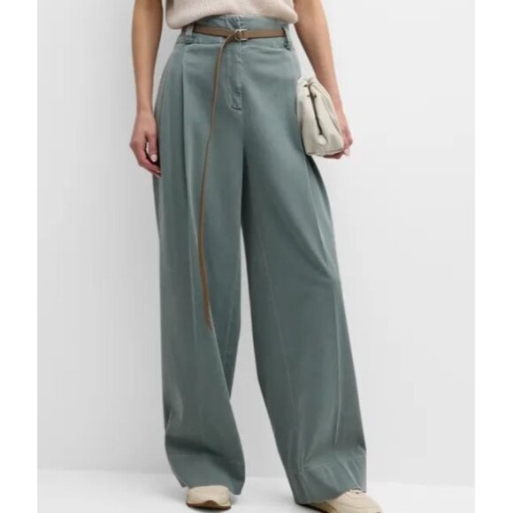 Peserico Sage Green Pleated Wide Leg Gaberdine Tan Silver Hardware Belted Pants - Picture 1 of 16